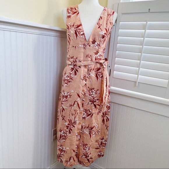 Joie NWT Ethelda Warm Blush Floral Print Sleeveless 100% Linen Midi Dress Medium - Picture 1 of 9